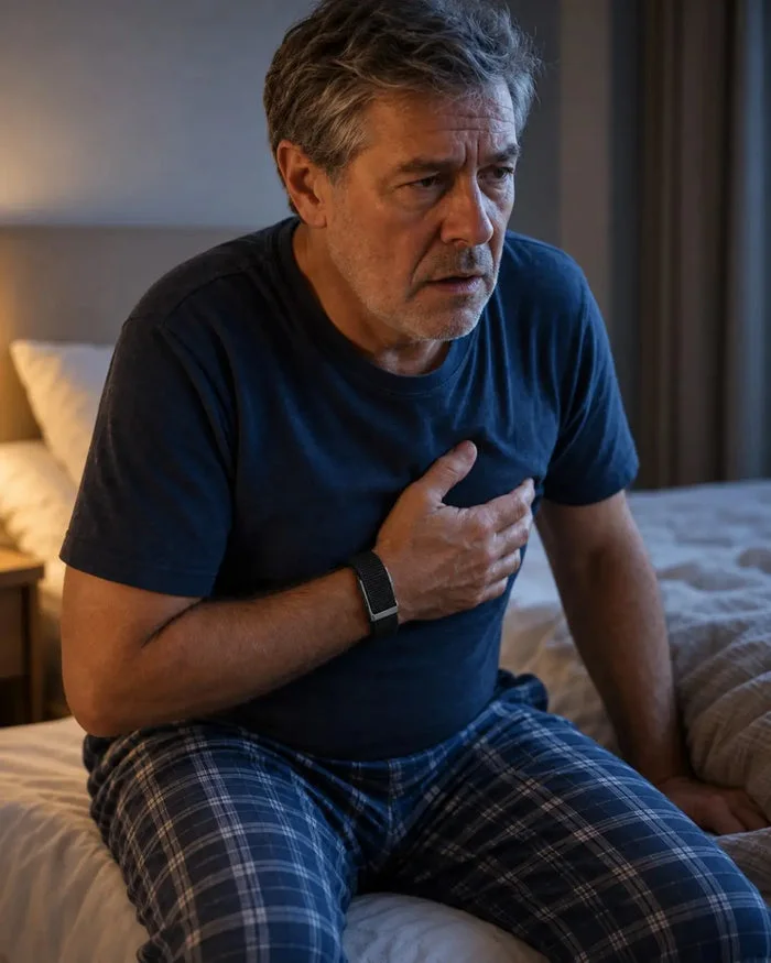 Homem sentado na cama, com a mão no peito e a pulseira eaze